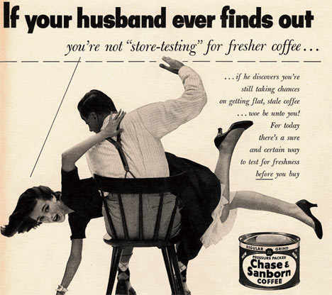A husband spanking his wife in an old advertisment for coffee