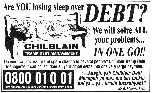 Tramp Finance spoof ad. from Viz 112, Jan.-Feb. 2002