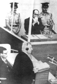 Eichmann on trial. In the foreground, defence counsel, Robert Servatius