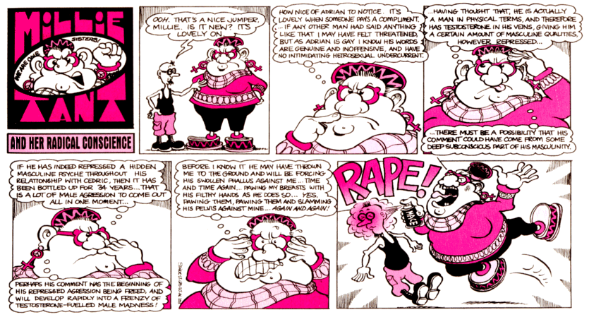 A Millie Tant cartoon on the theme of rape from Viz circa 2005
