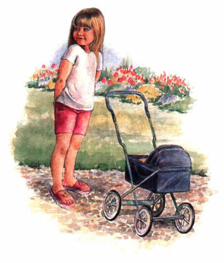A little girl with a doll’s pram.