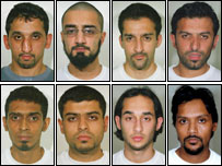 Dirty bomb plotters – clockwise from top left: Junade Feroze, Mohammed Naveed Bhatti, Zia Ul Haq, Abdul Aziz Jalil, Dhiren Barot, Omar Abdur Rehman, Nadeem Tarmohamed and Qaisar Shaffi