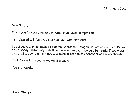 Letter re. the Win a Real Man! Competition