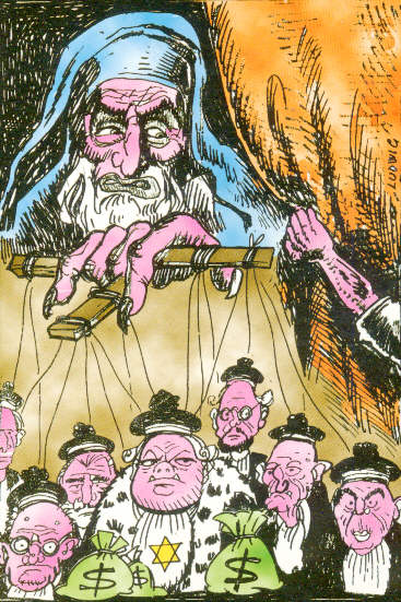 Cartoon from the front cover of an Italian book, Il coltello di Shylock, by Edoardo Longo
