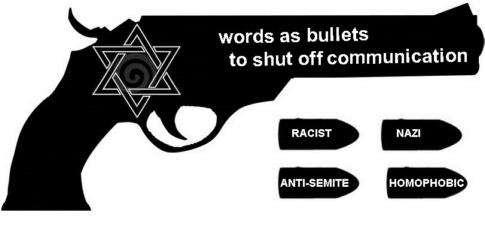 A gun with bullets bearing the words ‘Racist,’ ‘Nazi,’ ‘Anti-Semite’ and ‘Homophobic.’