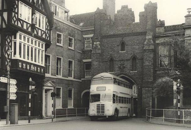 Old photo of bus bound for Leeds going through the North Bar, Beverley. These two images can be clicked to be viewed at full size