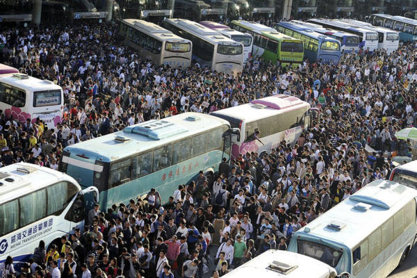 A very, very crowded Chinese bus station, an illustration of over-population (Hangzhou?)