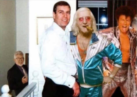 A humorous collage of Prince Andrew with Jimmy Saville, Gary Glitter and Rolf Harris