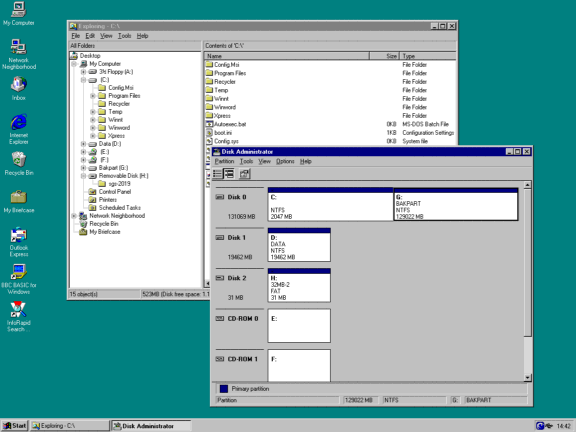 NT screen shortly after install with Disk Administrator showing two partitions on drive C: