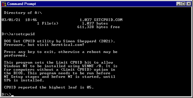 SETCPUID running in the Windows NT DOS box