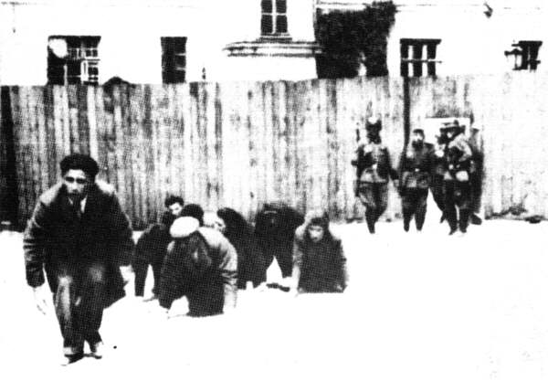 Fake photograph of Poles being forced to crawl in snow before some German soldiers. The lines and proportion of the supposed photograph are all wrong.