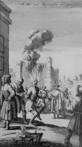 A white slave has his hair set on fire for public display
