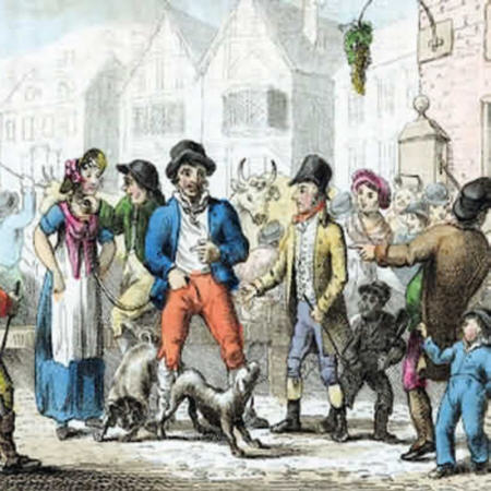 Depiction of a wife sale at market published in 1844