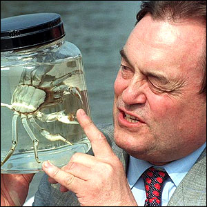 John Prescott with a Chinese mitten crab in August 1997