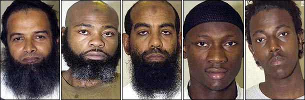 Five Muslims put on trial in 2007 for attempted terrorism in the UK – L-R: Mohammed Hamid, Mousa Brown, Mohammed al-Figari, Kibley da Costa and Kader Ahmed