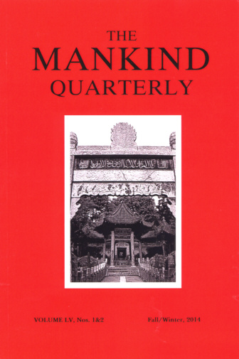 The cover of Mankind Quarterly, Vol. 60, Nos. 1 & 2, Fall and Winter, 2014, in which Sheppard’s paper ‘Neurosis and Neurotic Transfer’ appeared