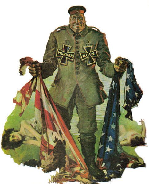 World War One propaganda with German as masculine beast. This image is featured on the front cover of Purnell’s History of the 20th Century, issue 29: The Beastly Hun, Techniques and Myths of the Propaganda War (1968)
